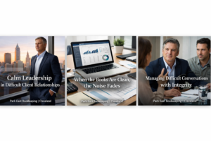 Calm business leadership and financial oversight representing managing difficult client relationships in a Cleveland bookkeeping firm.