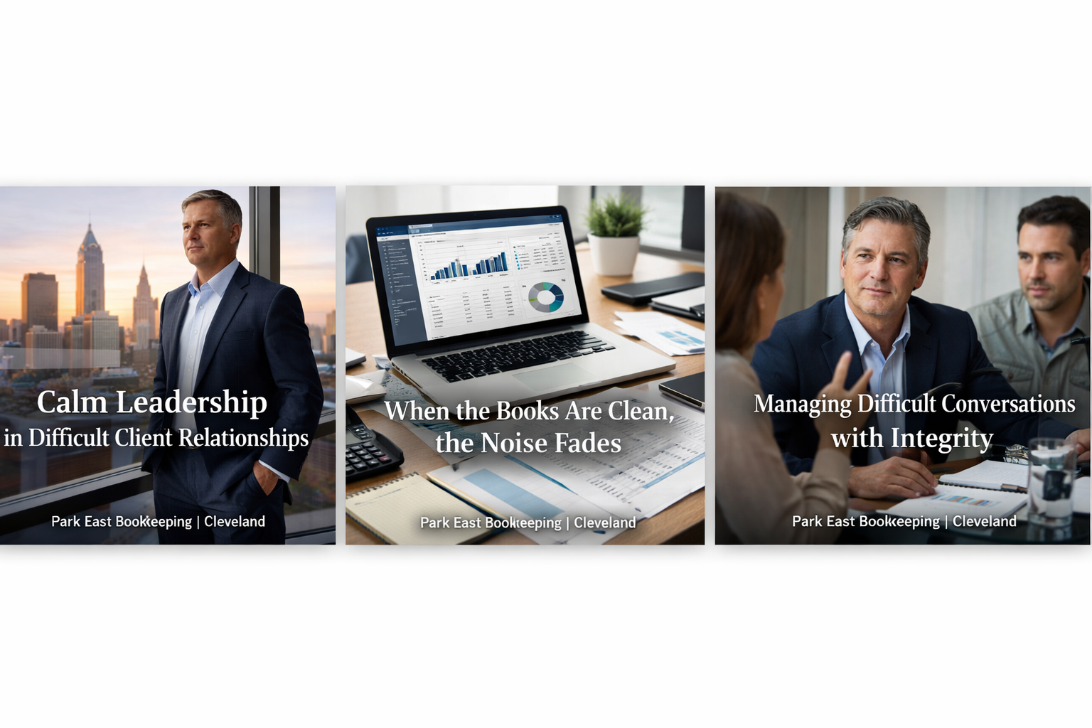 Calm business leadership and financial oversight representing managing difficult client relationships in a Cleveland bookkeeping firm.
