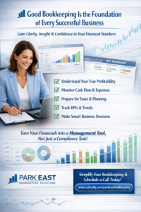 Professional bookkeeping services showing financial dashboards, KPI reports, and business accounting insights from Park East Bookkeeping Solutions.